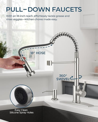 FORIOUS Kitchen Faucet with Soap Dispenser, Stainless Steel Kitchen Sink Faucet with Pull Down Sprayer Burhsed Nickel Single Handle Modern Spring Commercial for Laundry Room RV Camp Bar Farmhouse