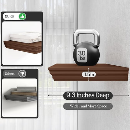 Fun Memories Floating Shelves 24 Inch Long, 9.3 Inch Deep Classic Crown Molding Floating Shelves for Wall, Rustic Wooden Shelves for Wall Decor Bathroom, Kitchen, Office, (Walnut, 2Pack)