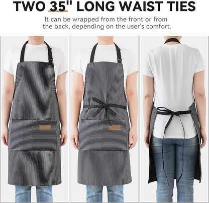 NLUS 2 Pack Kitchen Cooking Aprons, Adjustable Bib Soft Chef Apron with 2 Pockets for Men Women (Black Pinstripes)