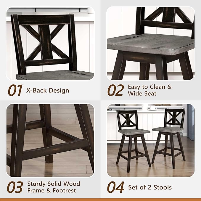 Lexicon Counter Height Stools Set of 2-Solid Wood Frame 360° Swivel Wooden Stools, Foot Rest, X Back, Wide Seat, Distressed Farmhouse Easy to Clean Finish, 24" SH, Antique Black/Grey