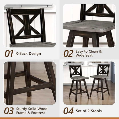 Lexicon Counter Height Stools Set of 2-Solid Wood Frame 360° Swivel Wooden Stools, Foot Rest, X Back, Wide Seat, Distressed Farmhouse Easy to Clean Finish, 24" SH, Antique Black/Grey