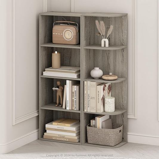 Furinno Reed Corner Shelf, 4-Tier Corner Bookshelf, Book Shelf, Corner Shelves, Storage Rack, for Organization and Storage, Home Office, Living Room, French Oak