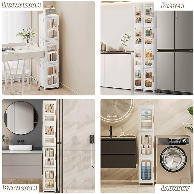Tall Narrow Storage Cabinet with Movable Wheels, Adjustable Shelves & Magnetic Doors – Foldable Slim Plastic Organizer for Bathroom, Kitchen, Laundry, Ideal for Small Spaces(4-Tier,White)