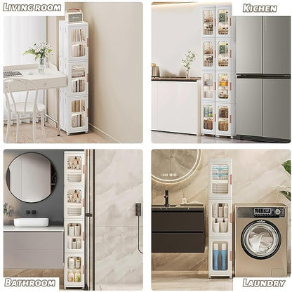 Tall Narrow Storage Cabinet with Movable Wheels, Adjustable Shelves & Magnetic Doors – Foldable Slim Plastic Organizer for Bathroom, Kitchen, Laundry, Ideal for Small Spaces(4-Tier,White)