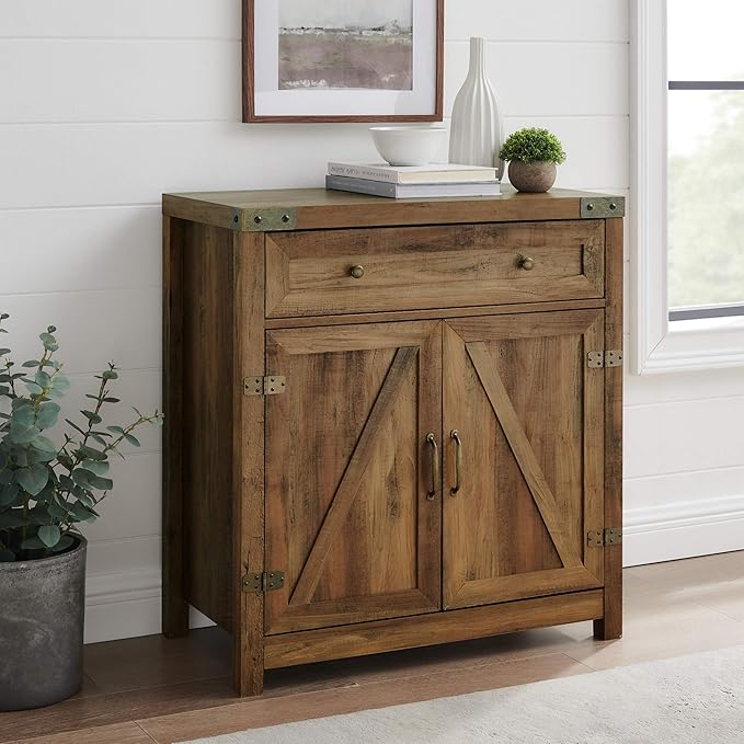 Walker Edison Cass Modern Farmhouse Double Barn Door Accent Cabinet, 30 Inch, Rustic Oak, Without Fireplace