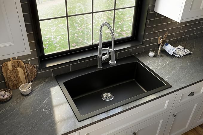 Karran QT-712 33 Inch Drop-In Quartz Composite Single Bowl Kitchen Sink, Top Mount, 1-Hole, Heat & Scratch Resistant, Easy Clean, Black