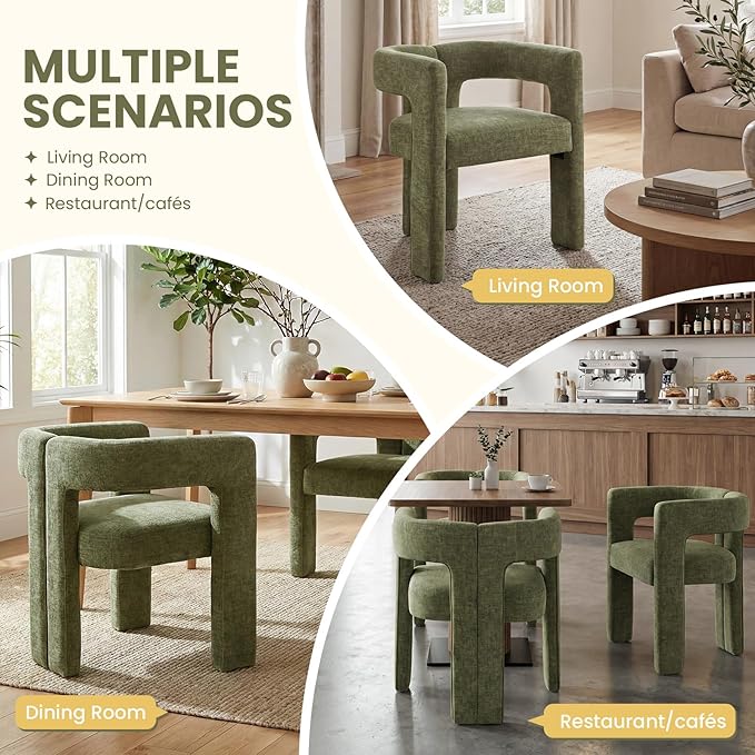 VESCASA Modern Barrel Dining Chairs Set of 6 with Open Back, Chenille Upholstered Accent Kitchen Armchairs with Wood Legs for Dining Room Reception Small Space, Green