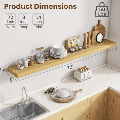 72 Inch Floating Shelves for Wall, 8 Inch Deep Floating Shelf for Storage & Display, Rustic Wall Mounted Shelf with Invisible Brackets for Living Room, Kitchen, Bathroom, Home Decor, Set of 2, Oak