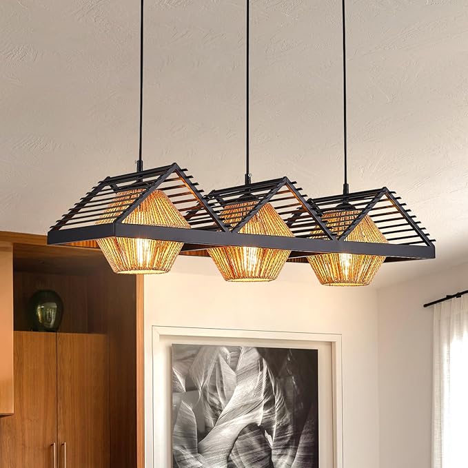 3-Lights Boho Chandelier,Dining Room Light Fixtures Over Table with Handwoven Shade, Rustic Pendant Lights for Kitchen Island,Adjustable Height Hanging Light