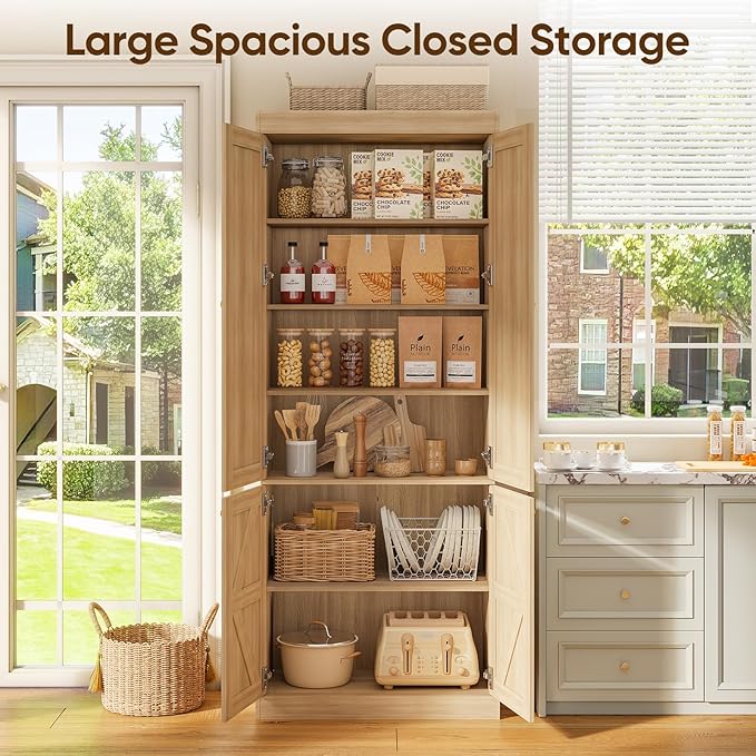 70.8" Tall Kitchen Pantry Cabinet with Doors, Farmhouse Modular Storage Cabinet with 4-Tier Adjustable Shelves, Large Storage Cabinet for Kitchen or Living Room, Set of 2, Brown