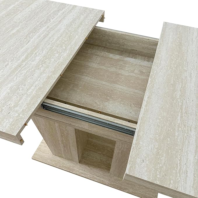 78.74" Extendable Dining Table for 6 8 10 Person, Modern Travertine Expandable Kitchen Table with Dual Column Pedestal Base, Large Rectangle Wooden Expanding Table for Kitchen Dining Conference Room