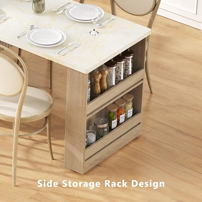 Polibi 82.6" Fluted Kitchen Island with Extendable Dining Table, for 4-6 Seating, Power Outlet (AC/USB/C), Double-Side Storage, 2 Drawers & Side Open Shelves, Natural