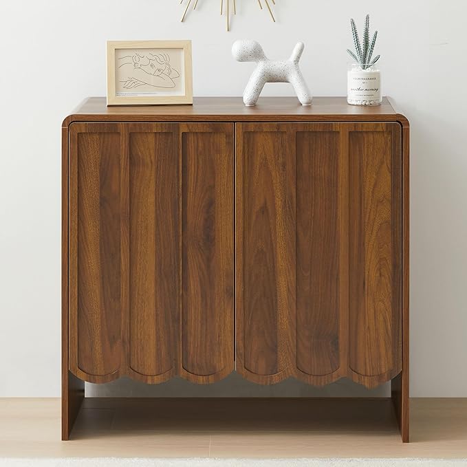 ORRD Sideboard Buffet Cabinet, Accent Storage Cabinets with 2 Doors, Farmhouse Wood Cabinet with Adjustable Shelves and Wave Panel for Living Room, Dining Room, Entry - Walnut