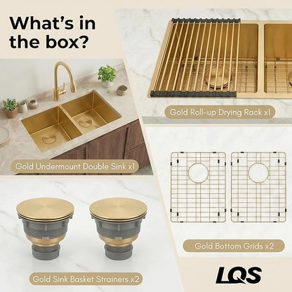 LQS Gold Kitchen Sink, 32 Inch Kitchen Sink Gold Double Bowl, Undermount Kitchen Sink 16 Gauge Stainless Steel with Golden Accessories, Modern Style