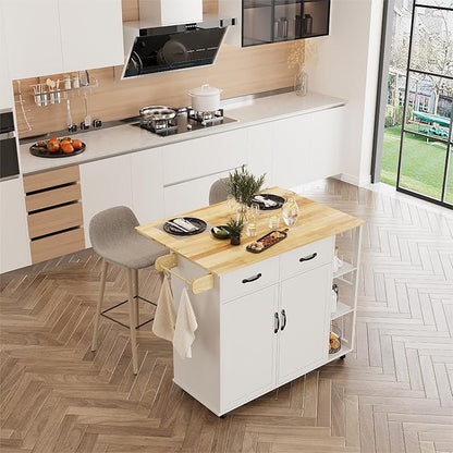 IDEALHOUSE Rolling Kitchen Island Cart with Drop Leaf, Kitchen Storage Cabinet On Wheels with 2 Drawers, 3 Open Spice Racks and Towel Rack,White