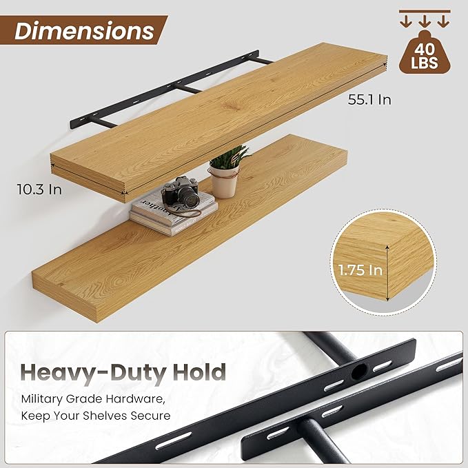 Heimlove Floating Shelves for Wall 55 Inch Long,Extra Large and Thick Wood Shelves Mounted Storage Hanging Shelf Invisible Bracket for Bedroom,Living Room,Kitchen,Office,Set of 2,Oak