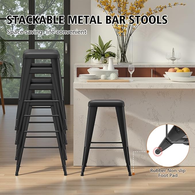 Backless Bar Stools Set of 2, Upholstered Faux Leather Counter Height Stools with Sturdy Metal Legs, 30 Inch Barstools for Kitchen Island (Black)