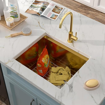 21"x18" Undermount Laundry Utility Sink Workstation – Brushed Gold NANO-PVD, 16 Gauge 304 Stainless Steel, 12 Inch Deep Single Bowl Sink Basin for Laundry Room, RV or Utility Use
