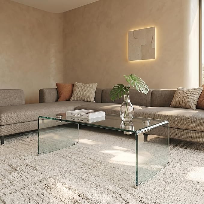 Modern 39.4" Tempered Glass Coffee Table, 12mm Ultra-Thick Waterfall Clear Center Table for Living Room, Minimalist Rectangle Coffee Table for Small Spaces, No Assembly Required