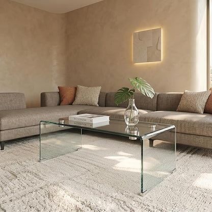Modern 39.4" Tempered Glass Coffee Table, 12mm Ultra-Thick Waterfall Clear Center Table for Living Room, Minimalist Rectangle Coffee Table for Small Spaces, No Assembly Required