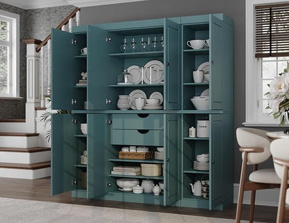 Palace Imports Solid Wood Pantry Cabinet - 71.5" Tall, 65" Wide Freestanding Cupboard Organizer with 2-Drawer Kit & Adjustable Shelves – Aqua, Renewable Eco-Friendly 100% Wood, Made in Brazil