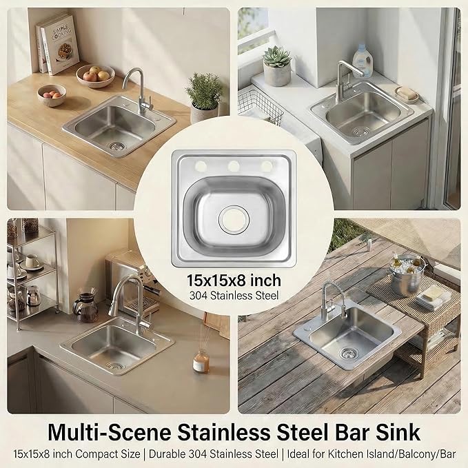 MILOSEN 15 x 15 inch Drop in Bar Sink, T304 Stainless Steel RV Kitchen Sinks, 8'' Deep Outdoor Single Bowl Wet Bar&Prep Small Topmount RV Sinks with Strainer, Brushed Nickel