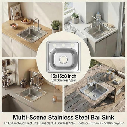 MILOSEN 15 x 15 inch Drop in Bar Sink, T304 Stainless Steel RV Kitchen Sinks, 8'' Deep Outdoor Single Bowl Wet Bar&Prep Small Topmount RV Sinks with Strainer, Brushed Nickel