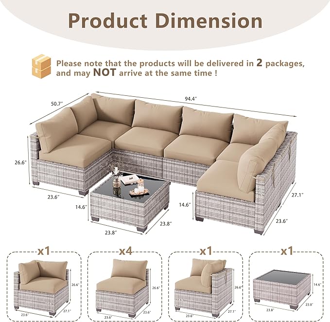 LOUVIXA 7 Piece Outdoor Patio Furniture Set, Outdoor Sectional Sofa, Wicker Rattan Patio Furniture, Patio Conversation Set with Coffee Table & Cushions