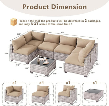 LOUVIXA 7 Piece Outdoor Patio Furniture Set, Outdoor Sectional Sofa, Wicker Rattan Patio Furniture, Patio Conversation Set with Coffee Table & Cushions