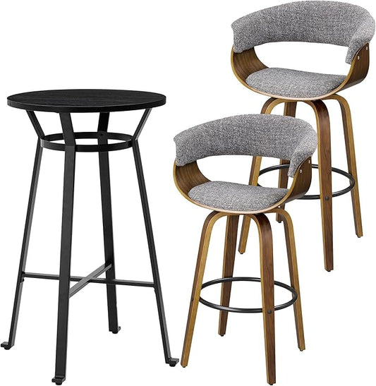 Glitzhome Bar Table and Chairs, Black Fabric Adjustable Swivel Bar Stools Set of 2, Round Black Cocktail Pub Table for Kitchen Island Bistro Office Living Room Dining Room Small Space Restaurant