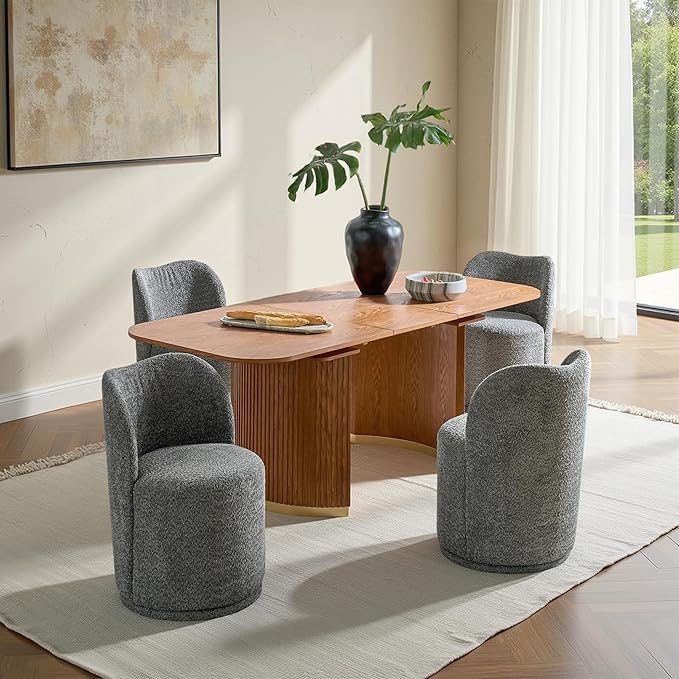 HULALA HOME Boucle Swivel Dining Chairs Set of 4 - Upholstered Barrel Kitchen Chair with 360 Degree Rotation, Gray Modern Accent Vanity Chair for Dining Living Room, Bedroom, Makeup Room