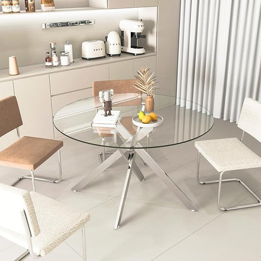 Round Glass Dining Table,Glass Dining Room Table with Tempered Glass Tabletop and Metal Legs, Modern Style Round Kitchen Table for Home, Kitchen, Dining Room