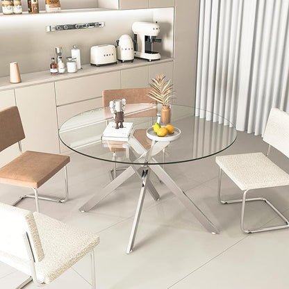 Glass Dining Table,47.25'' Round Dining Kitchen Table,Modern X-Design Dining Room Table with Silver Metal Base for Dining Room (Silver,47'',Round)