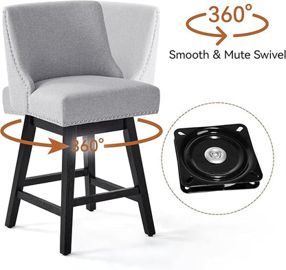 Counter Height Swivel Bar Stools Set of 6, Modern Linen Fabric Swivel Barstools with Back and Wood Legs, Upholstered 26" Seat Height Counter Stools for Kitchen Island, Home Bar, Grey