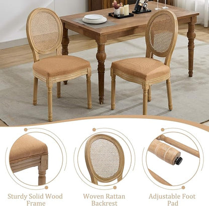 Linen Wooden Dining Chair Set of 6, Upholstered Farmhouse Dining Chair with Solid Wood Frame, Kitchen & Dining Room Chairs for Living Room, Restaurant, Bedroom (Tan-Rattan, Set of 6)