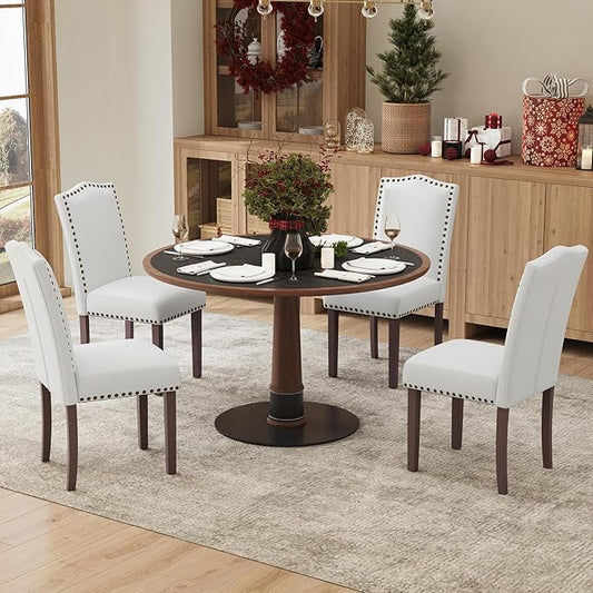 MALOL Dining Chairs Set of 4, Soft Comfortable Upholstered Parsons Chairs with High-Density Cushion & Solid Wood Legs, Classic Nailhead Trim for Dining Room, Kitchen, Living Room – Beige