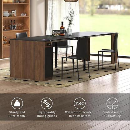 Extendable Dining Table with Storage, Transformer Extra Console Table for 1-12 People, Folding Space Saving Dining Room Table with Built-in Outlet for Homes, Apartments, Walnut Black