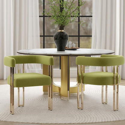 Hyfirm Green and Gold Modern Dining Chairs Set of 2, Velvet Upholstered Barrel Armchairs with Metal Legs for Kitchen Island, Mid Century Accent Chairs for Dining Room Living Room, Open-Back