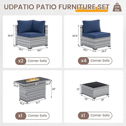 UDPATIO Patio Furniture Set with Fire Pit Table, 8 Pieces Outdoor Sectional Sofa, PE Wicker Patio Conversation Set for Garden, Backyard (Blue Cushions with Grey Rattan)