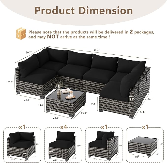 LOUVIXA 7 Piece Outdoor Patio Furniture Set, Outdoor Sectional Sofa, Wicker Rattan Patio Furniture, Patio Conversation Set with Coffee Table & Cushions