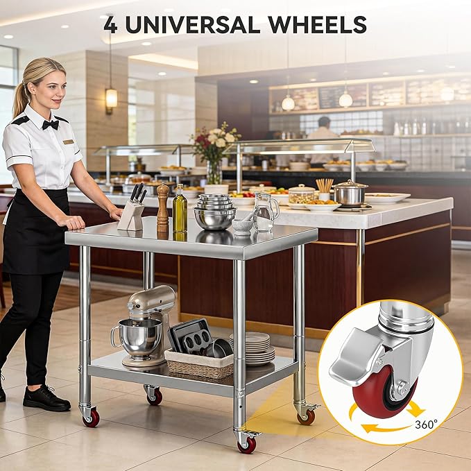 DWVO 30x24in Stainless Steel Table, NSF Metal Prep Worktable with Adjustable Shelf & Wheels for Kitchen Restaurant Hotel Garage Warehouse Home