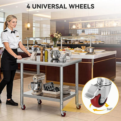 DWVO 30x24in Stainless Steel Table, NSF Metal Prep Worktable with Adjustable Shelf & Wheels for Kitchen Restaurant Hotel Garage Warehouse Home