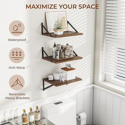 Heimlove Deep Floating Shelves for Wall, 12 Inch Deep Floating Shelves Set of 3, 16W x 12D Wood Wall Shelves, Wide Wood Shelves with Metal Bracket for Living Room, Kitchen, Office, Bedroom - Walnut