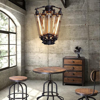8-Lights Retro Chandelier, Industrial Metal Pendant Lamp Steampunk Pendant Hanging Lamp Geometric Structure Ceiling Lamp for Kitchen Island Foyer Hallway Living Room Bar