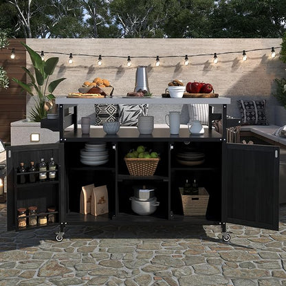 Modern Dining Table Outdoor Kitchen Island with Cabinet, Rolling Bar Cart, Farmhouse Solid Wood Grill Table with Stainless Steel Top, Spice Rack, Towel Rack for Kitchen Dining Room Tables,Blac