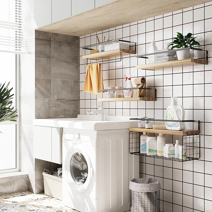 Wood Floating Shelves Wall Mounted - 4+1 Tier Rustic Bathroom Wall Shelves Over Toilet with Wire Storage Basket and Towel Bar, Set of 4 Farmhouse Floating Shelf for Bathroom, Kitchen, Bedroom.