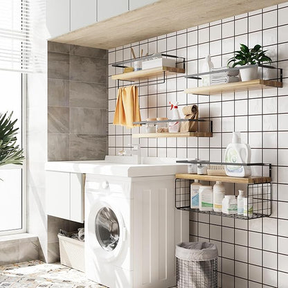 Wood Floating Shelves Wall Mounted - 4+1 Tier Rustic Bathroom Wall Shelves Over Toilet with Wire Storage Basket and Towel Bar, Set of 4 Farmhouse Floating Shelf for Bathroom, Kitchen, Bedroom.