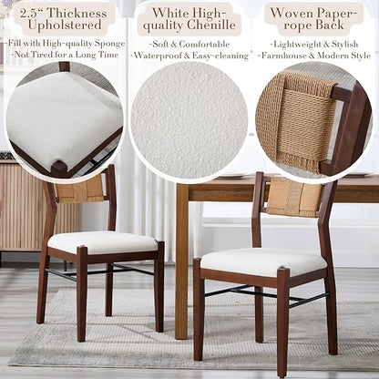 RIVOVA Farmhouse Woven Dining Chairs Set of 2 with Weave Paper Rope Back, White Chenille Upholstered Kitchen & Dining Room Chairs with Walnut Wood Legs, Mid-Century Armless Kitchen Side Chair