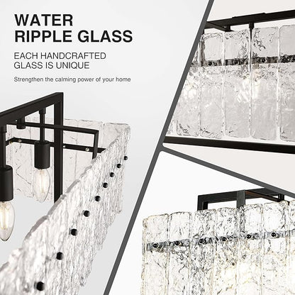 IKK Modern Rectangle Black Crystal Chandeliers for Dining Room, 42" Large Rectangular Water Ripple Glass Island Light Fixture, Linear Farmhouse Lighting for Kitchen Island, Living Room, L42xW11xH12