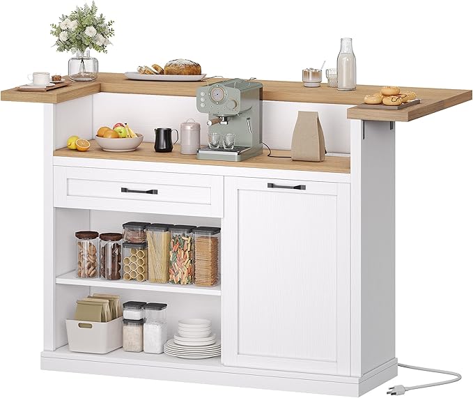 Kitchen Island with Seating, Rolling Kitchen Islands with Storage, 55" W Large Island Table, Breakfast Bar Counter with Drop Leaf, Trash Can Cabinet, Power Outlet for Dining Room, White